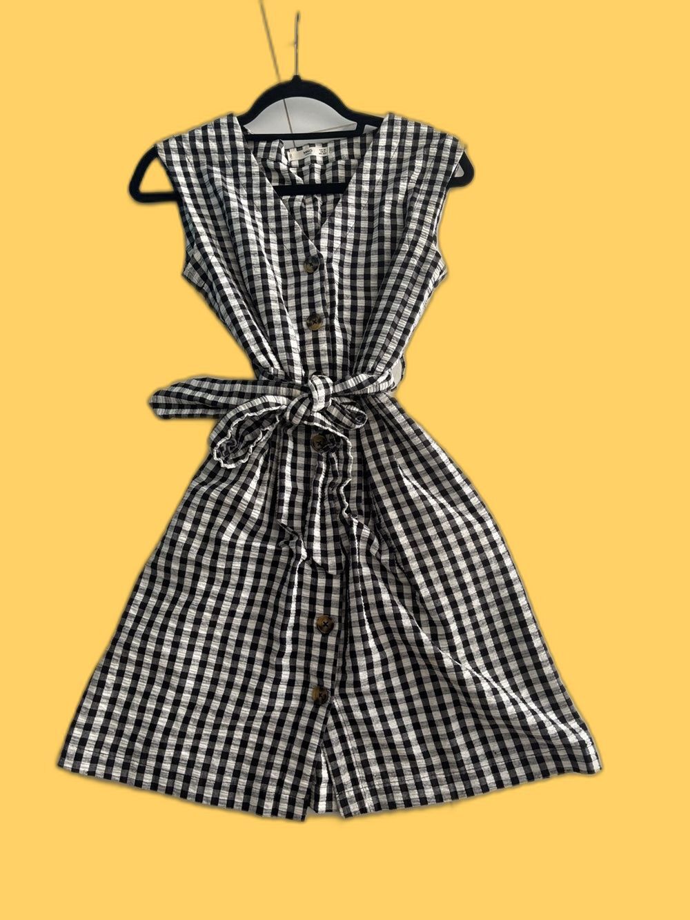 Sleeveless Black & White Gingham Button-Front Midi Dress with Tie Waist